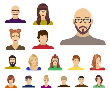 Set koleksiyonu tasarım için Avatar ve yüz karikatür simgeler. Bir kişi görünümü vektör simge stok web çizim.