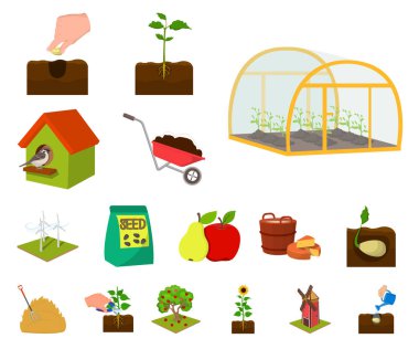 Set koleksiyonu tasarım için çiftlik ve tarım karikatür simgeler. Bahçe ve bitki izometrik vektör simge stok web çizim.