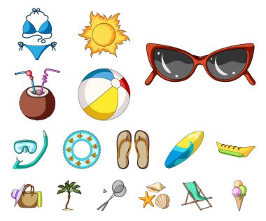 Set koleksiyonu tasarım için yaz dinlenme karikatür simgeler. Beach Aksesuar vektör simge stok web çizimi.