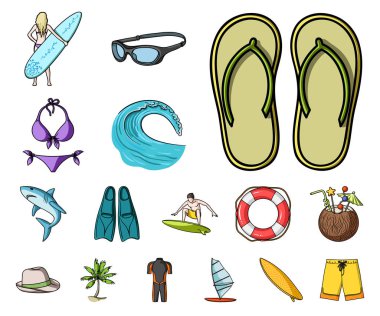 Set koleksiyonu tasarım için sörf ve aşırı karikatür simgeler. Sembol stok web illüstrasyon vektör sörfçü ve aksesuarları.