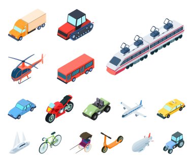 Set koleksiyonu tasarım için taşıma karikatür simgeleri farklı türleri. Araba ve gemi izometrik vektör simge stok web çizimi.
