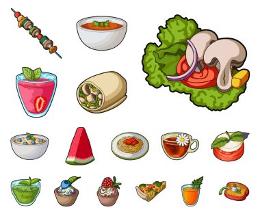 Set koleksiyonu tasarım için vejetaryen yemek karikatür simgeler. Sebze ve süt gıda vektör simge stok çizim.