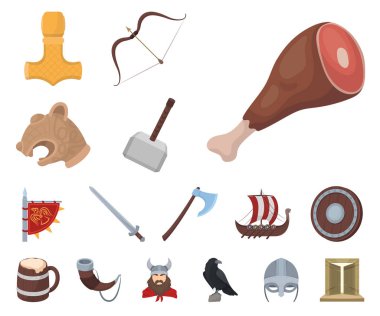 Vikingler ve öznitelikleri set koleksiyonu tasarım için simgeleri karikatür. Eski İskandinav savaşçı vektör simge stok web çizimi.