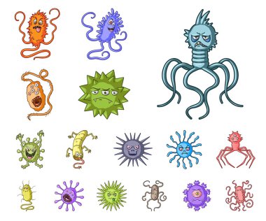 Komik mikrop türleri set koleksiyonu tasarım için simgeleri karikatür. Patojenik mikroplar sembol stok web illüstrasyon vektör.