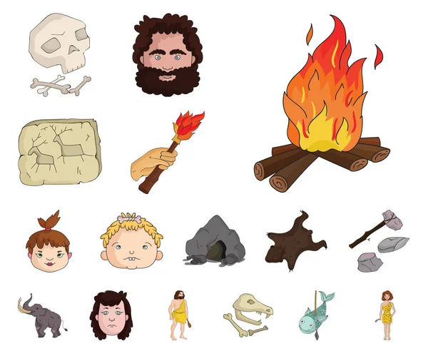 Élet Stone Age Rajzfilm Ikonok Beállítása Gyűjtemény Design Ősi Nép — Stock Vector