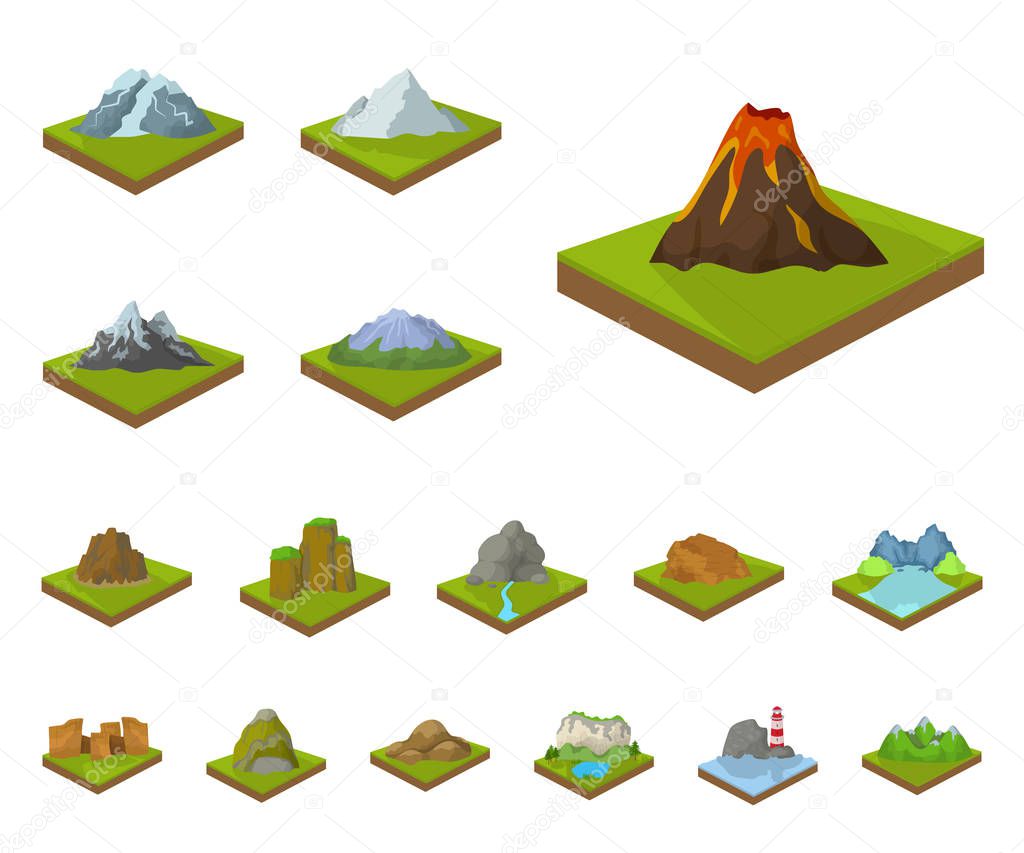 Mountains, massive cartoon icons in set collection for design. The surface of the earth vector isometric symbol stock  illustration.