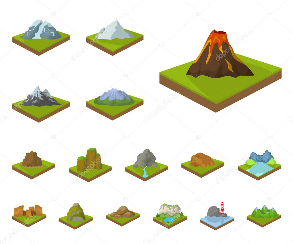 Mountains, massive cartoon icons in set collection for design. The surface of the earth vector isometric symbol stock web illustration.