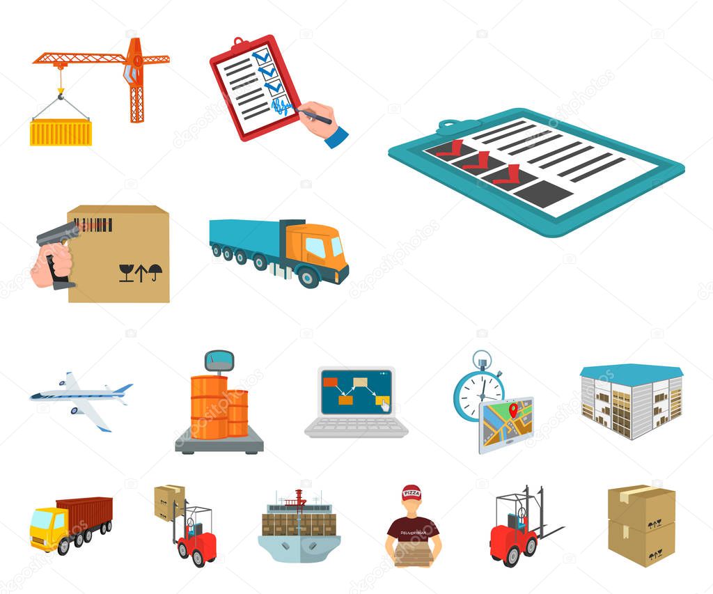 Logistics and delivery cartoon icons in set collection for design. Transport and equipment isometric vector symbol stock web illustration.
