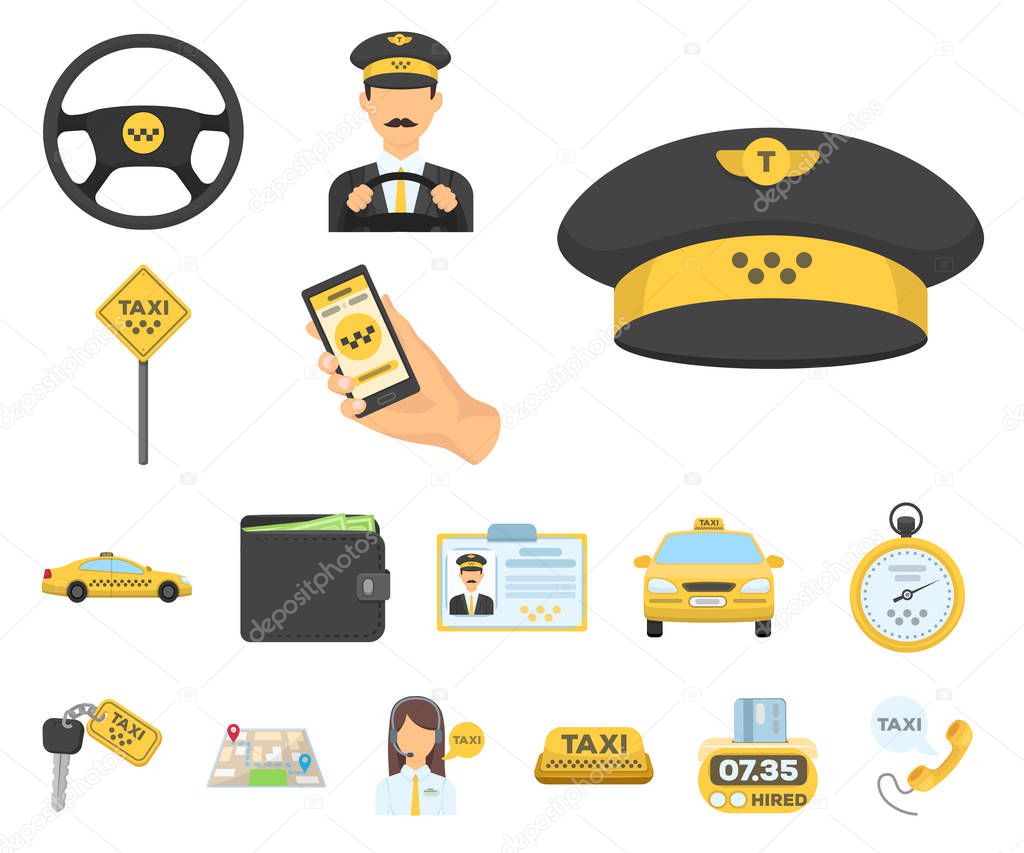 Taxi service cartoon icons in set collection for design. Taxi driver and transport vector symbol stock web illustration.