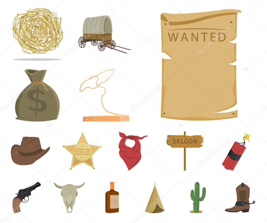 Attributes of the wild west cartoon icons in set collection for design.Texas and America vector symbol stock web illustration.