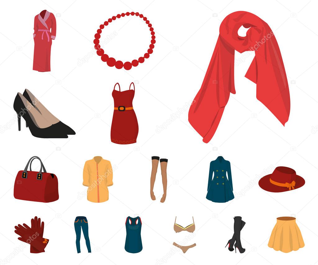 Womens Clothing cartoon icons in set collection for design.Clothing Varieties and Accessories vector symbol stock  illustration.