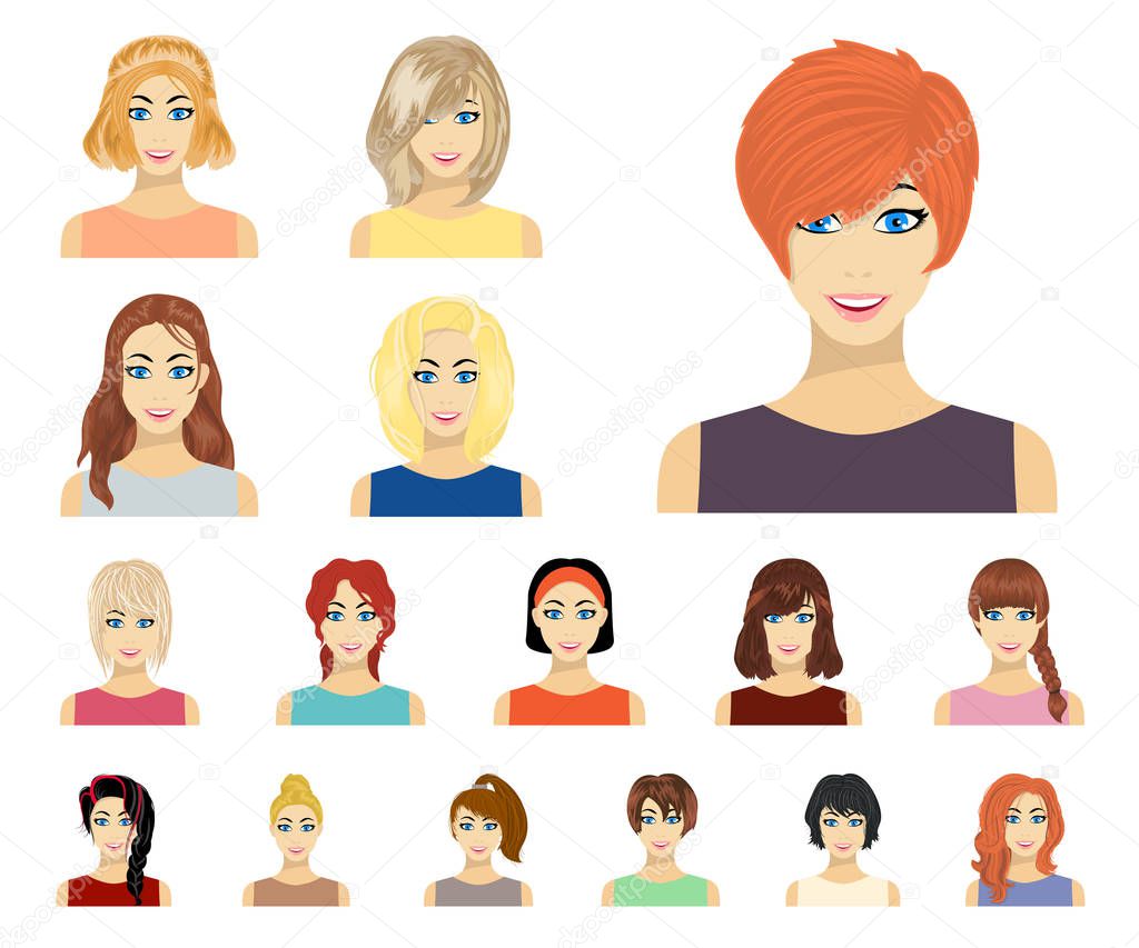 Types of female hairstyles cartoon icons in set collection for design. Appearance of a woman vector symbol stock web illustration.