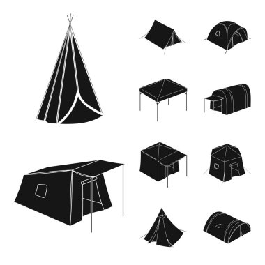Çadır ve kamp simge vektör Illustration. Çadır ve orman hisse senedi vektör çizim topluluğu.