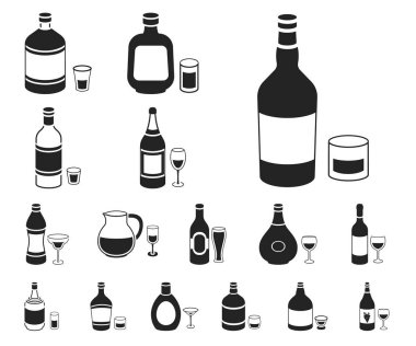 Set koleksiyonu tasarım için alkol siyah simgeler türleri. Alkol şişeleri vektör simge stok web çizimde.