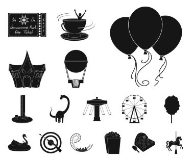 Set koleksiyonu tasarım için eğlence parkı siyah simgeler. Cihazları ve mekanlarına sembol stok web illüstrasyon vektör.