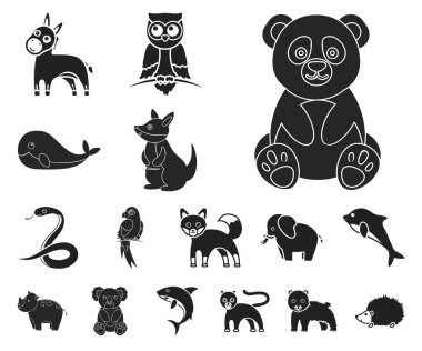Bir gerçekçi olmayan hayvan siyah simgeler set koleksiyonu tasarım için. Oyuncak hayvanlar sembol stok web illüstrasyon vektör.