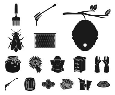 Arı kovanı ve arıcılık set koleksiyonu tasarım için simgeler siyah. Ekipman ve bal üretim sembol stok web illüstrasyon vektör.