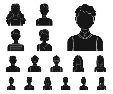 Set koleksiyonu tasarım için simgeler siyah avatar ve yüz. Bir kişi görünümü vektör simge stok web çizim.