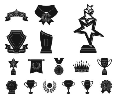 Kupalar ve ödüller set koleksiyonu tasarım için simgeler siyah. Sembol stok illüstrasyon vektör ödül ve başarı.