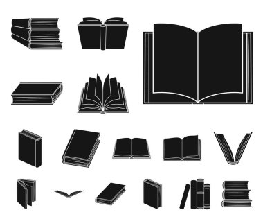 Bağlamada kitap siyah set koleksiyonu tasarım için simgeler. Basılı ürünler sembol stok web illüstrasyon vektör.