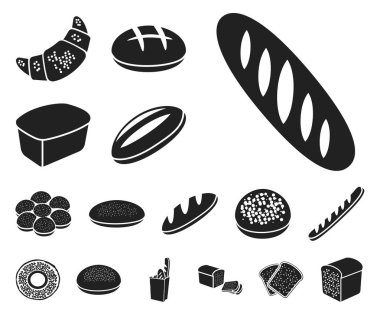 Tip-in siyah simgeler set koleksiyonu tasarım için ekmek. Pastane sembol stok web illüstrasyon vektör.
