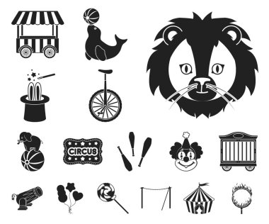 Sirk ve öznitelikleri set koleksiyonu tasarım için simgeler siyah. Sirk sanat vektör simge stok web çizim.