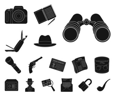 Set koleksiyonu tasarım için simgeler siyah dedektif ve öznitelikleri. Dedektif ajansı vektör simge stok web çizim.