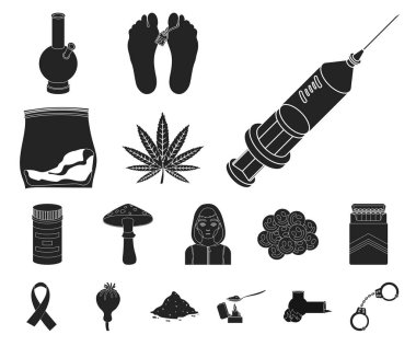 Uyuşturucu bağımlılığı ve set koleksiyonu tasarım için öznitelikleri siyah simgeler. Sembol stok web illüstrasyon vektör bağımlısı ve uyuşturucu.