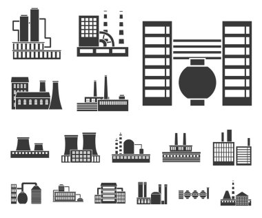 Fabrika ve tesisleri set koleksiyonu tasarım için simgeler siyah. Sembol stok illüstrasyon vektör fabrikası ve donanımları.
