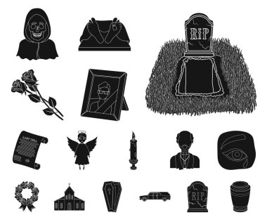 Set koleksiyonu tasarım için cenaze töreni siyah simgeler. Cenaze törenleri ve öznitelikleri sembol stok illüstrasyon vektör.