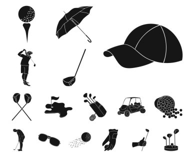 Set koleksiyonu tasarım için simgeler siyah Golf ve öznitelikleri. Golf Kulübü ve ekipman sembol stok web illüstrasyon vektör.