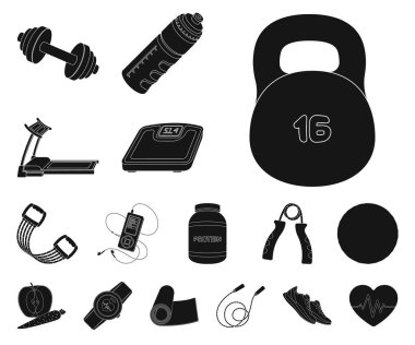 Spor salonu ve set koleksiyonu tasarım için eğitim siyah simgeler. Spor salonu ve ekipmanları sembol stok web illüstrasyon vektör.