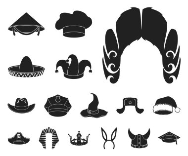 Şapka çeşitleri set koleksiyonu tasarım için simgeler siyah. Headdress vektör simge stok web çizimi.