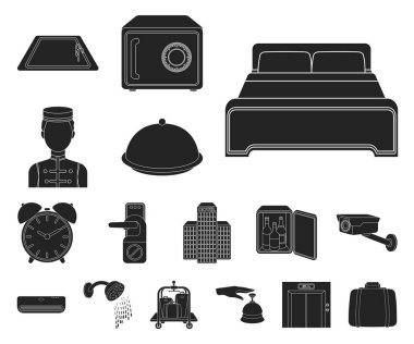 Otel ve ekipman set koleksiyonu tasarım için simgeler siyah. Otel ve konfor sembol stok web illüstrasyon vektör.