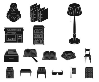 Siyah set koleksiyonu tasarım için simgeler Kütüphane ve kitabevi. Kitap ve mobilyalar sembol stok web illüstrasyon vektör.