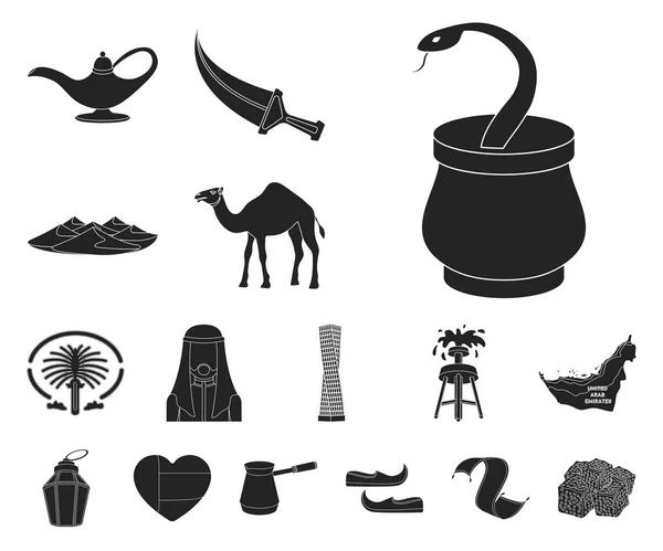 País Emiratos Árabes Unidos black icons in set collection for design. Turismo y atracción vector símbolo stock web ilustración . — Archivo Imágenes Vectoriales