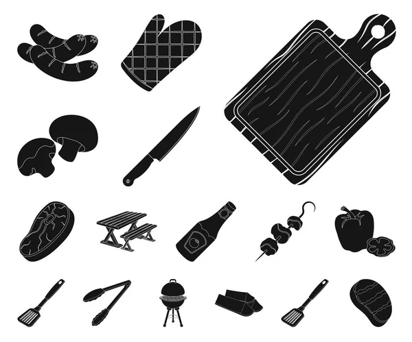 Grill und Zubehör schwarze Symbole im Set Kollektion für Design. Picknick und frittierte Lebensmittel Vektor Symbol Lager Web-Illustration. — Stockvektor