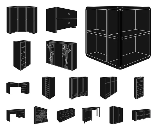 Móveis de quarto ícones pretos na coleção de conjuntos para design. Mobília de madeira moderna símbolo vetorial isométrico ilustração web estoque . — Vetor de Stock