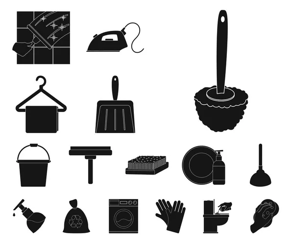 Czyszczenie i pokojówka czarny ikony w kolekcja zestaw do projektowania. Sprzęt do czyszczenia ilustracji wektorowych symboli zasobów sieci web. — Wektor stockowy