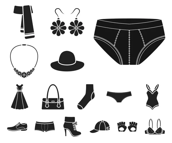 Ropa y accesorios iconos negros en la colección de conjuntos para el diseño. Zapatos y decoración vector símbolo stock web ilustración . — Archivo Imágenes Vectoriales