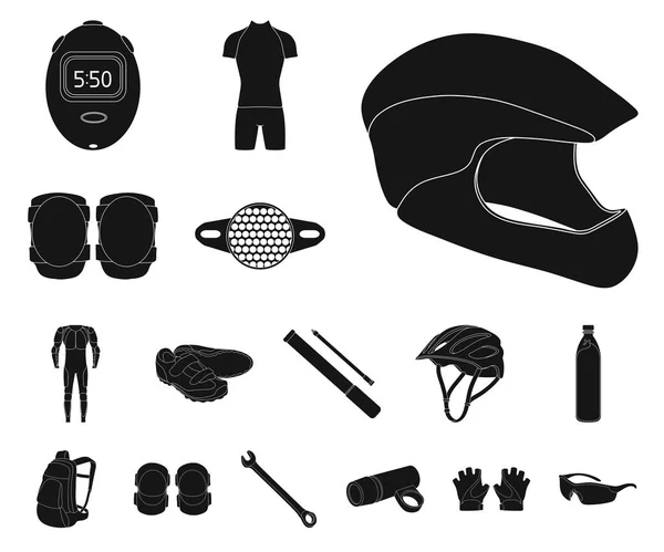 Fahrrad-Outfit schwarze Symbole in Set-Kollektion für Design. Fahrrad und Werkzeug Vektor Symbol Stock Web Illustration. — Stockvektor