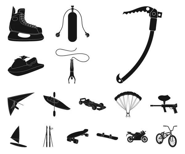 Extremsport schwarze Symbole im Set Kollektion für Design. Verschiedene Arten von Sport Vektor Symbol Stock Web Illustration. — Stockvektor