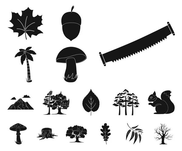 森林と自然はブラック デザインのセットのコレクションのアイコンです。森林生命ベクトル シンボル ストック web イラスト. — ストックベクタ