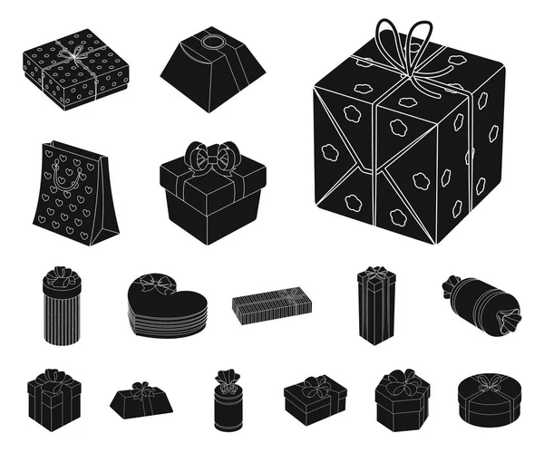 Iconos negros del regalo y del embalaje en colección del sistema para la ilustración de la tela del símbolo del vector del embalaje del diseño. . — Vector de stock
