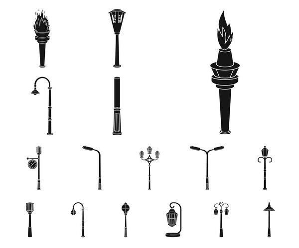 Lamp post black icons in set collection for design. Lantern and lighting vector symbol stock web illustration.