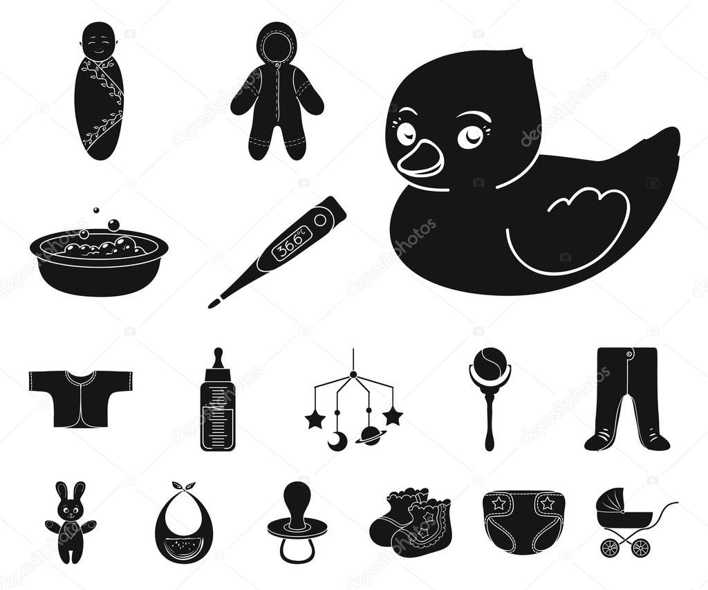 Birth of a baby black icons in set collection for design. Newborn and accessories vector symbol stock web illustration.