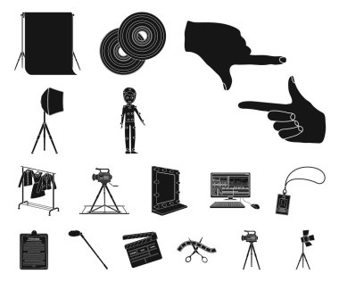 Bir film siyah simgeler set koleksiyonu tasarım için yapma. Öznitelikleri ve ekipman sembol stok web illüstrasyon vektör.
