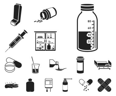 İlaç ve tedavi set koleksiyonu tasarım için simgeler siyah. Tıp ve ekipman sembol stok web illüstrasyon vektör.