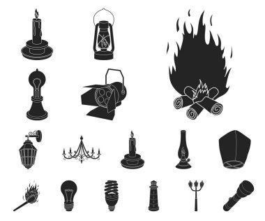 Set koleksiyonu tasarım için ışık kaynağı siyah simgeler. Işık ve ekipman sembol stok web illüstrasyon vektör.
