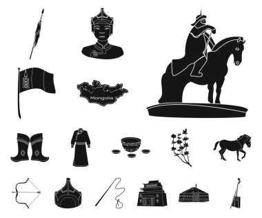 Set koleksiyonu tasarım için ülke Moğolistan siyah simgeler. Bölge ve dönüm noktası sembol stok web illüstrasyon vektör.